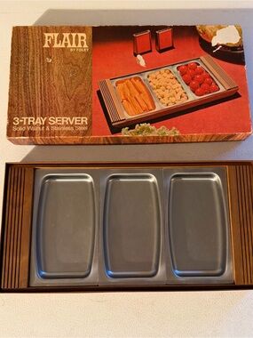 Walnut 3-Section Server with Stainless Steel Trays - Brown